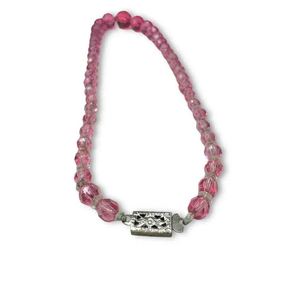 Vintage Pink Faceted Crystal Graduated Beaded Necklace Japan 16.5" Mid-Century - Picture 6 of 10